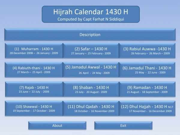 Hijrah Calendar 1430 H Computed by Capt Farhat N Siddiqui