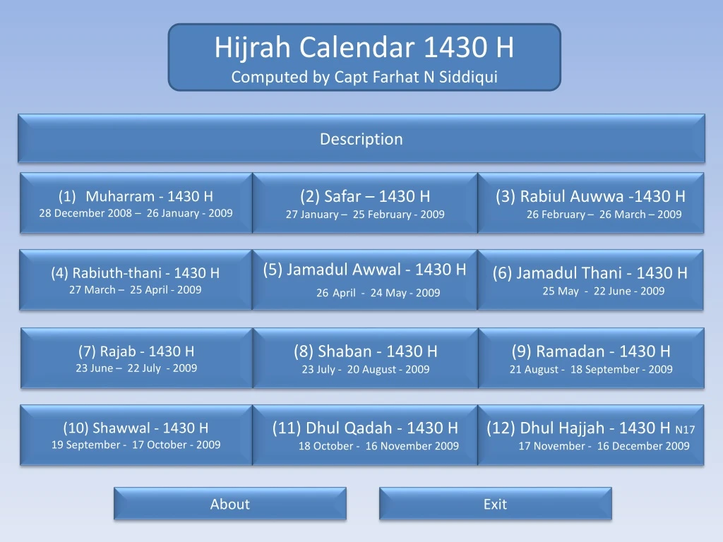 hijrah calendar 1430 h computed by capt farhat