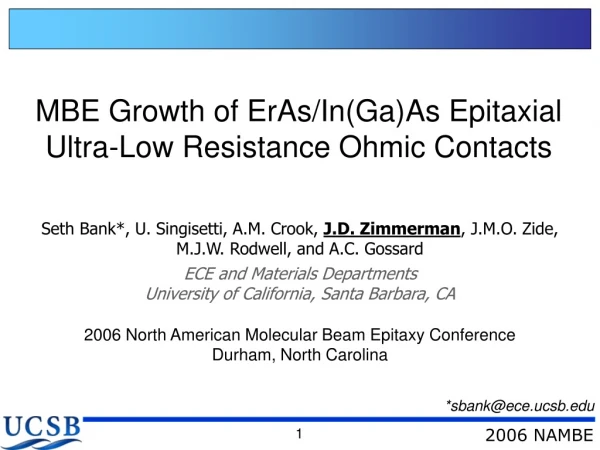 MBE Growth of ErAs/In(Ga)As Epitaxial Ultra-Low Resistance Ohmic Contacts