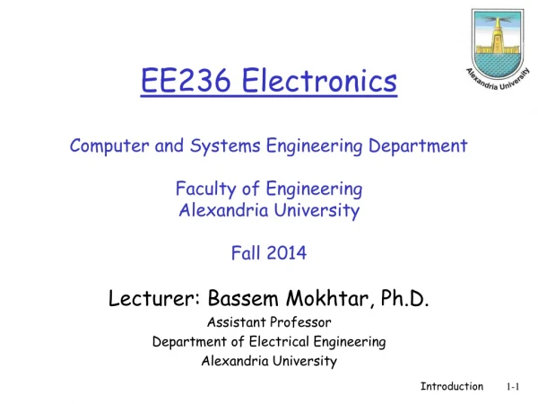 Lecturer: Bassem Mokhtar, Ph.D. Assistant Professor  Department of Electrical Engineering
