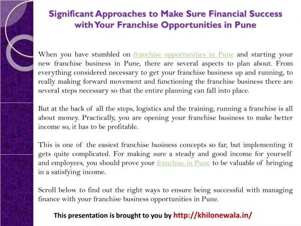 Significant Approaches to Make Sure Financial Success with Your Franchise Opportunities in Pune