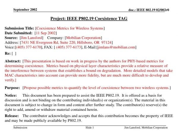 Project: IEEE P802.19 Coexistence TAG