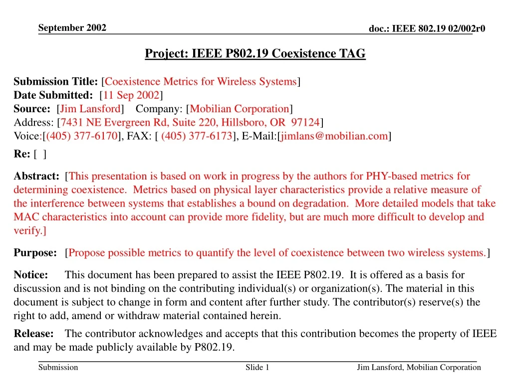 project ieee p802 19 coexistence tag submission