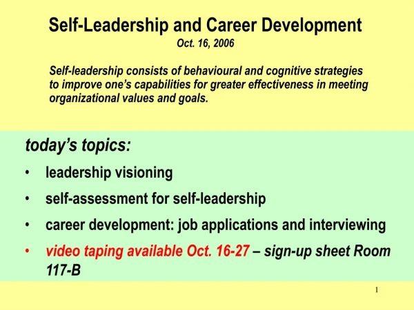 Self-Leadership and Career Development  Oct. 16, 2006