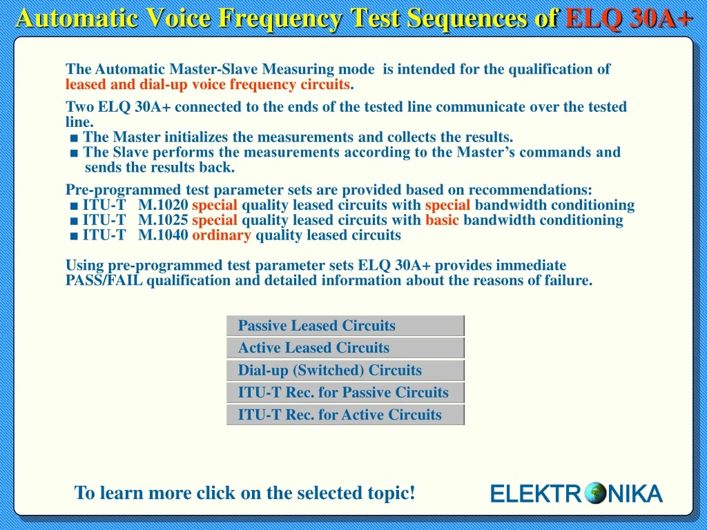 automatic voice frequency test sequences of elq 30a