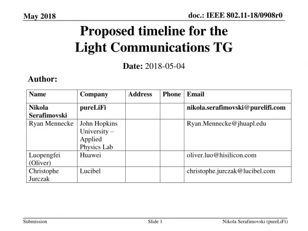 Proposed timeline for the  Light Communications TG
