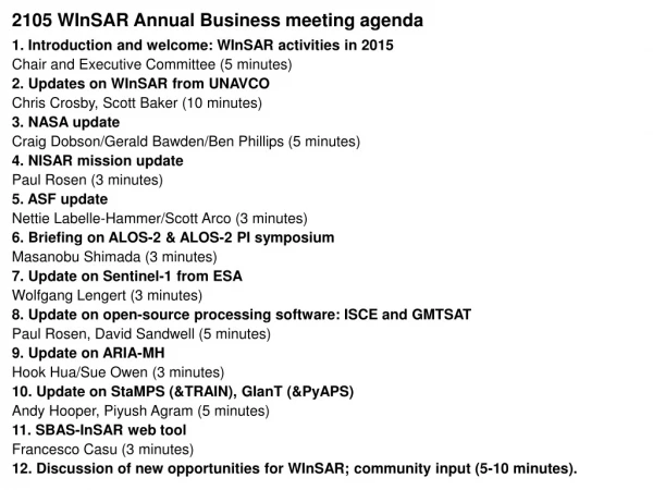 2105 WInSAR Annual Business meeting agenda 1. Introduction and welcome: WInSAR activities in 2015