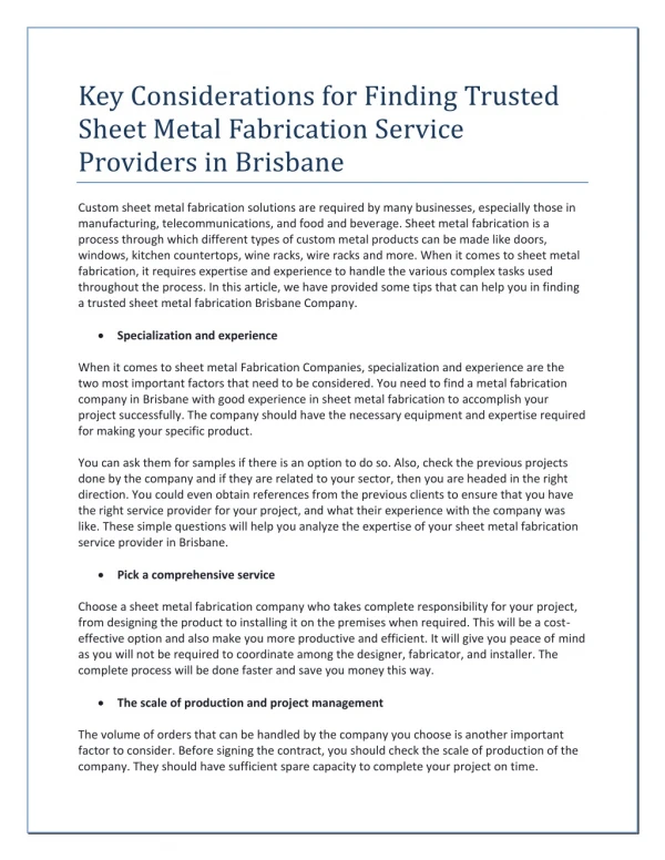 Key Considerations for Finding Trusted Sheet Metal Fabrication Service Providers in Brisbane