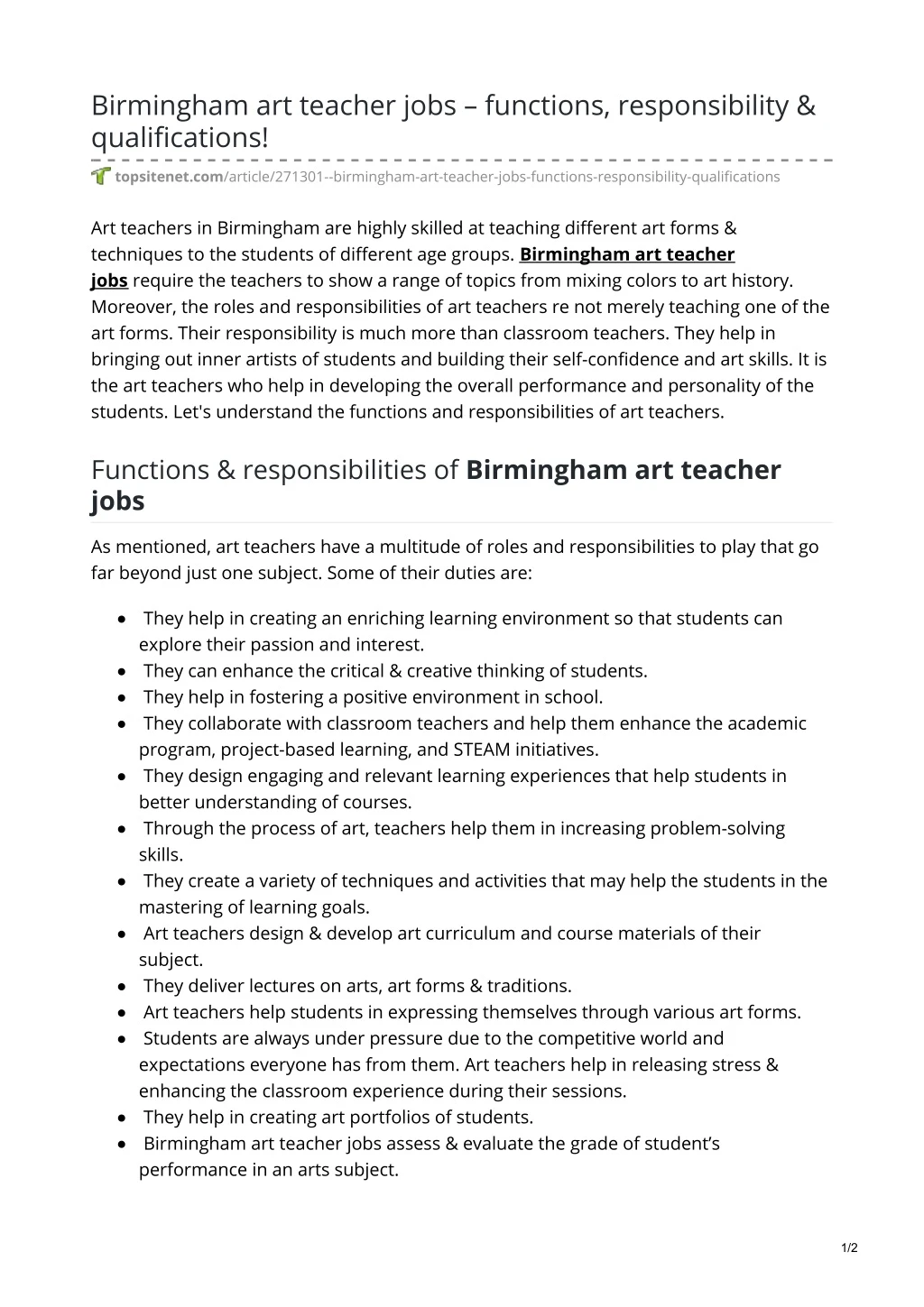 birmingham art teacher jobs functions