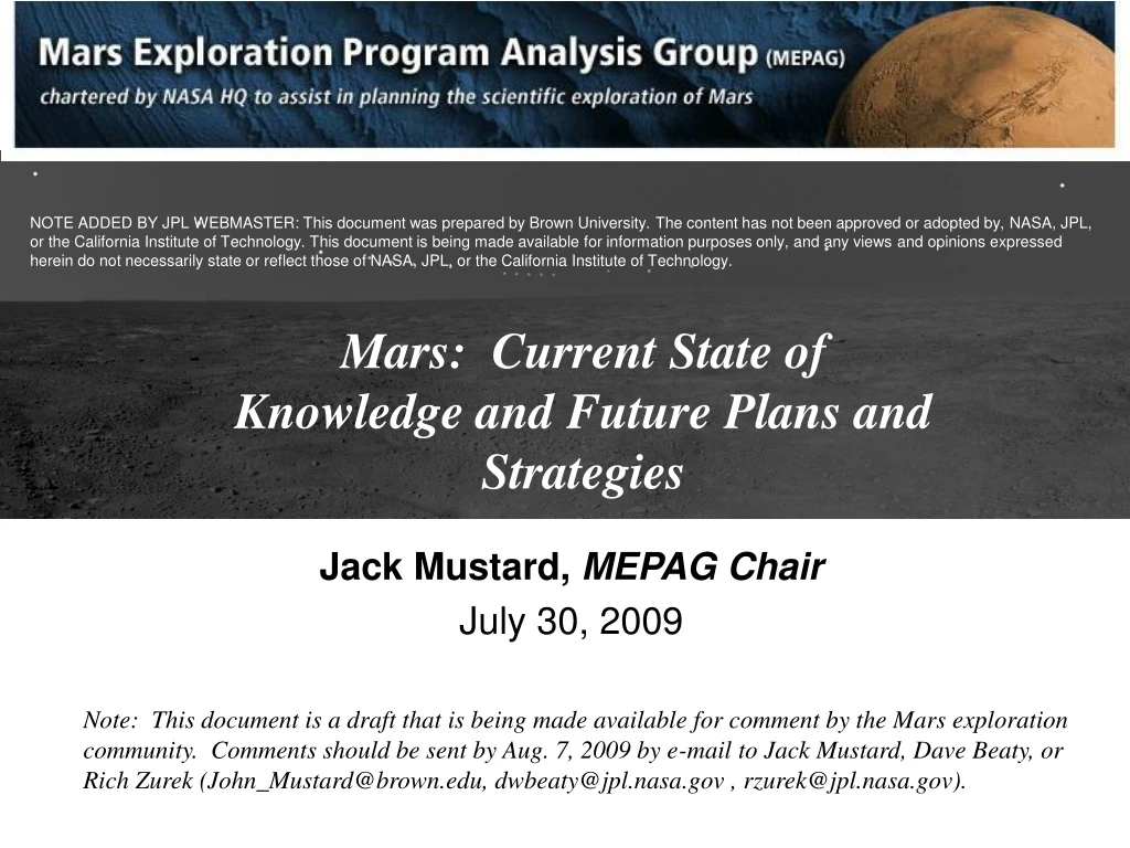 mars current state of knowledge and future plans and strategies