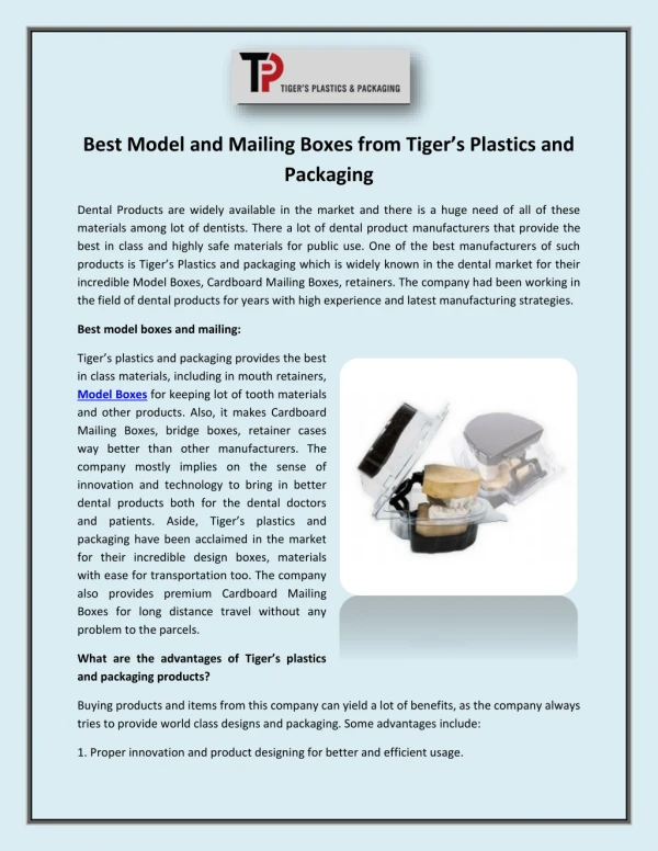 Best Model and Mailing Boxes from Tiger’s Plastics and Packaging