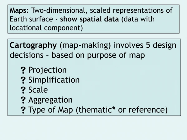 Cartography  (map-making) involves 5 design decisions – based on purpose of map 	 Projection