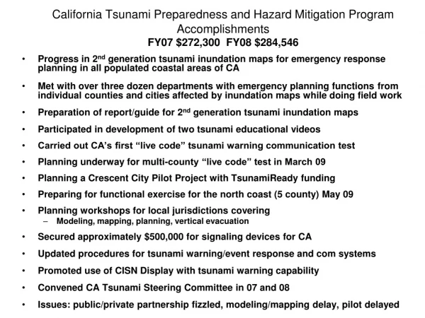 California Tsunami Preparedness and Hazard Mitigation Program FY 09 Funding Request ($619,268)