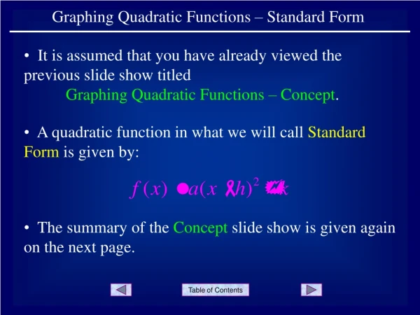 Graphing Quadratic Functions – Standard Form