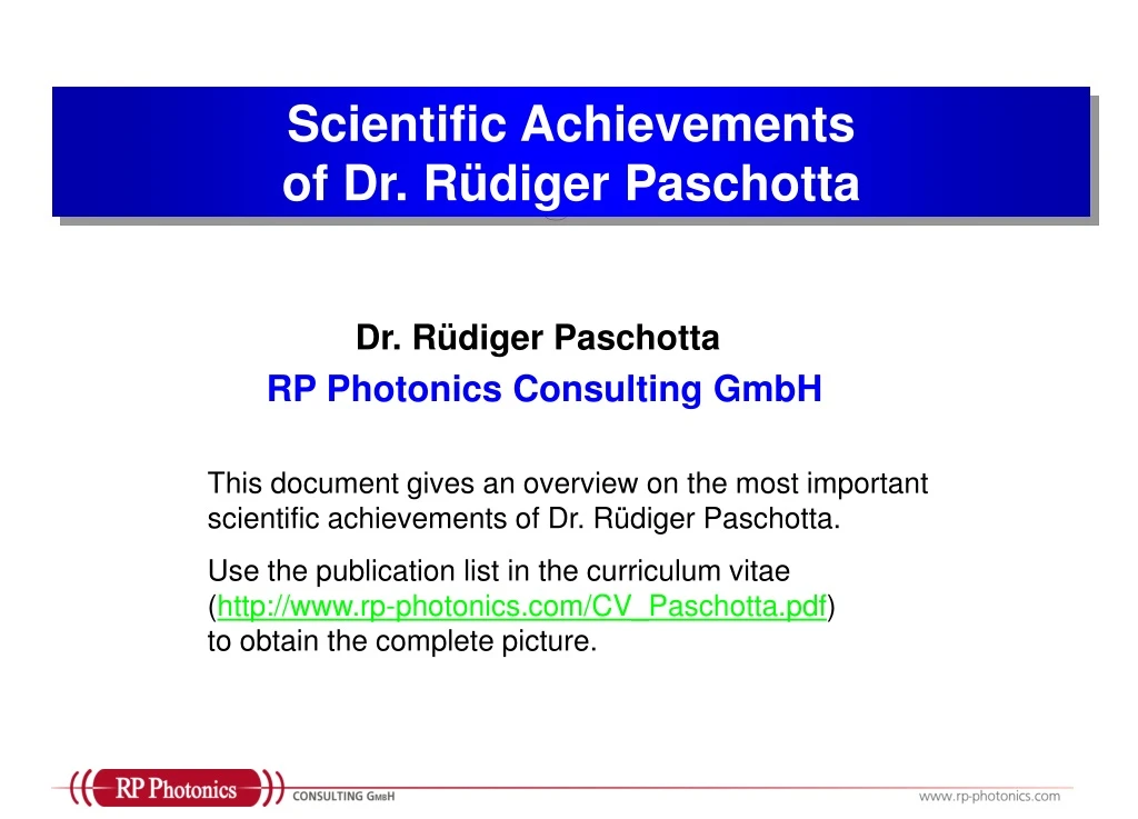 scientific achievements of dr r diger paschotta