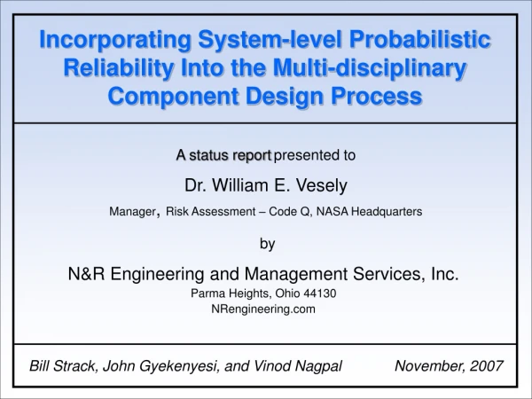 A status report presented to Dr. William E. Vesely