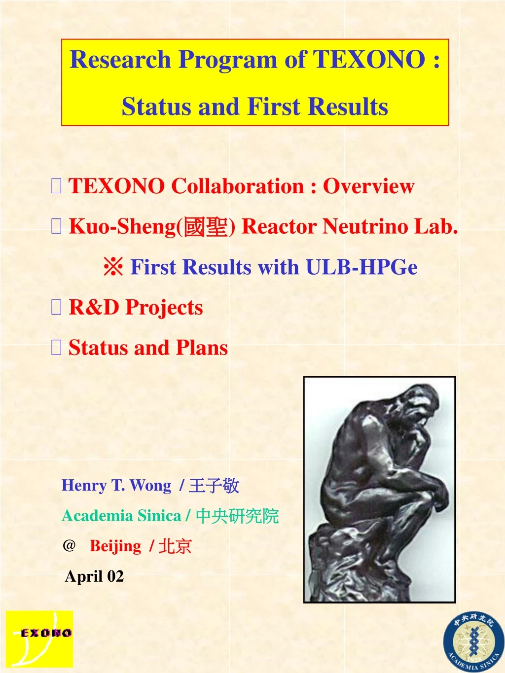 research program of texono status and first