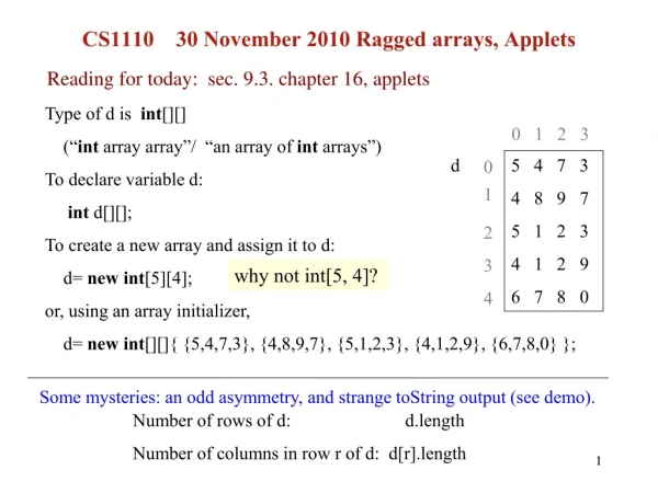 CS1110    30 November 2010 Ragged arrays, Applets