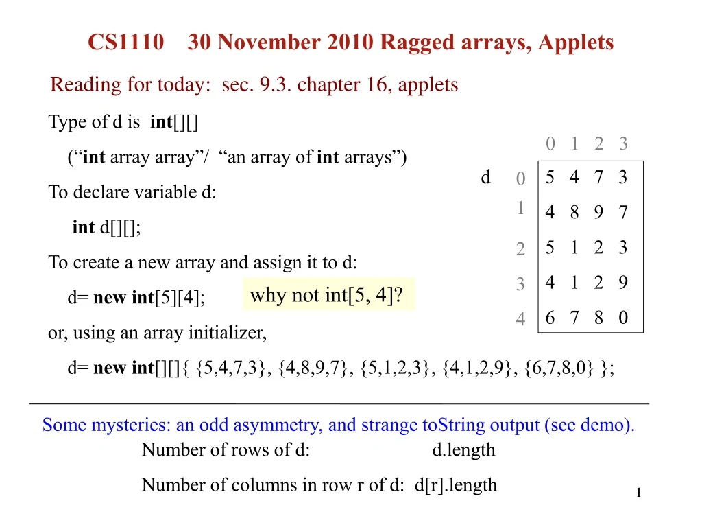cs1110 30 november 2010 ragged arrays applets