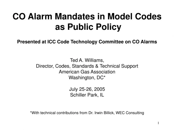 CO Alarm Mandates in Model Codes  as Public Policy