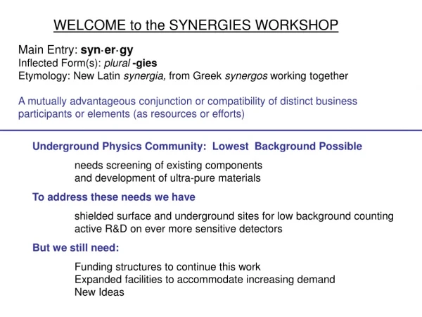 WELCOME to the SYNERGIES WORKSHOP
