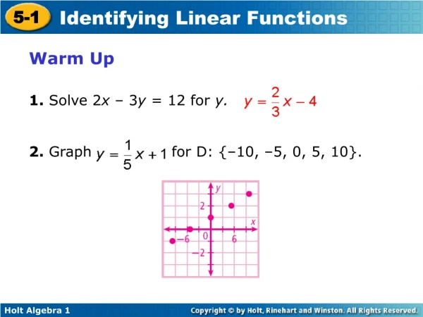 Warm Up 1.  Solve 2 x  – 3 y  = 12 for  y.