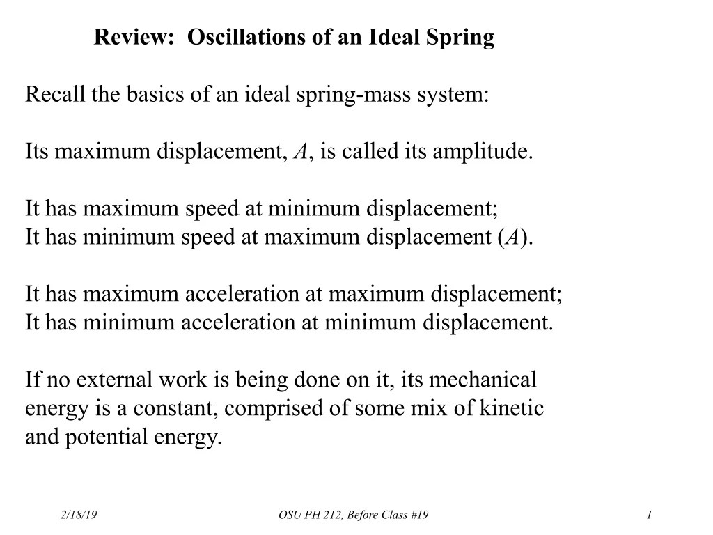 review oscillations of an ideal spring recall