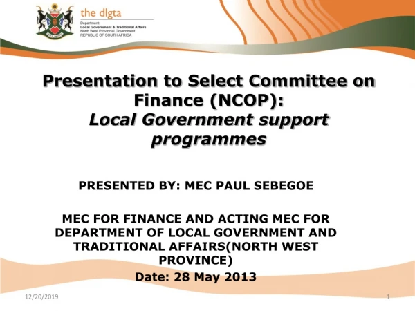 Presentation to Select Committee on Finance (NCOP): Local Government support programmes