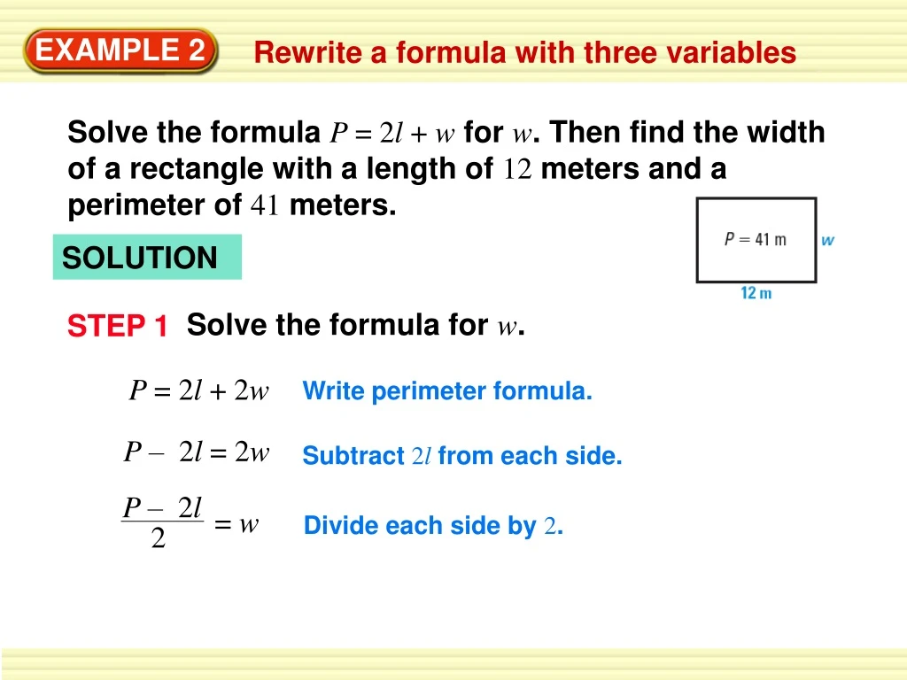 solve the formula p 2 l w for w then find