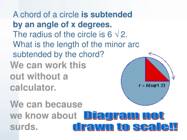 A chord of a circle  is subtended  by an angle of x degrees. The radius of the circle is 6  √ 2.