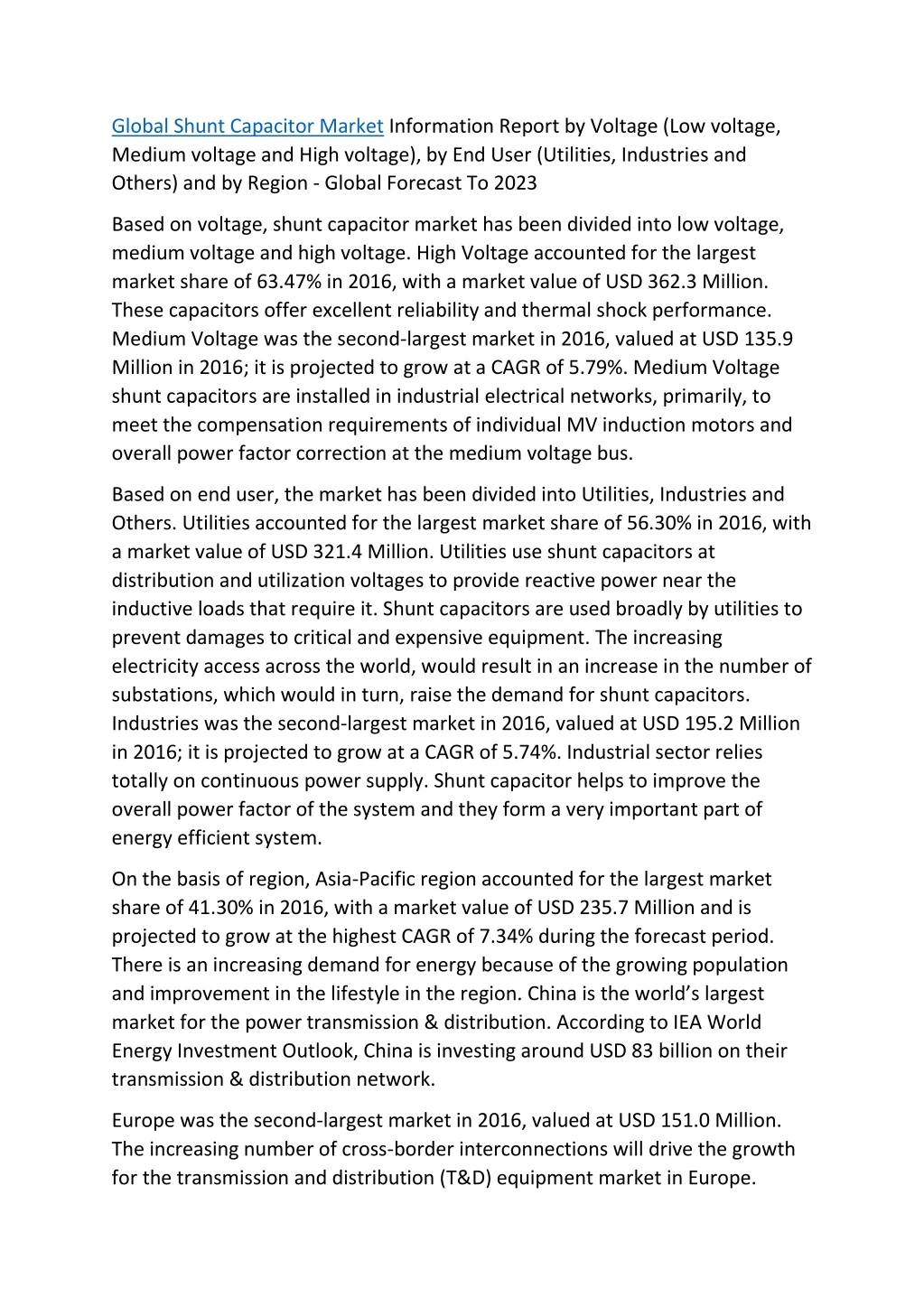 global shunt capacitor market information report
