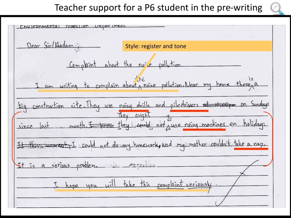 teacher support for a p6 student in the pre writing stage
