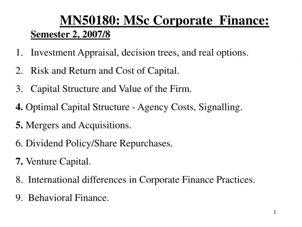 MN50180: MSc Corporate  Finance:  Semester 2, 2007/8