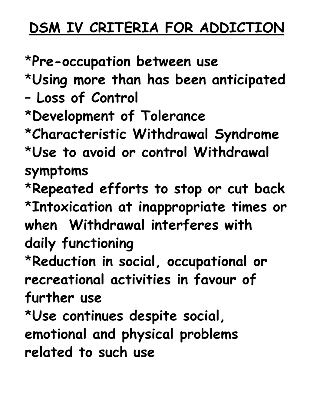 dsm iv criteria for addiction pre occupation