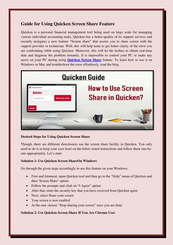 Guide for Using Quicken Screen Share Feature