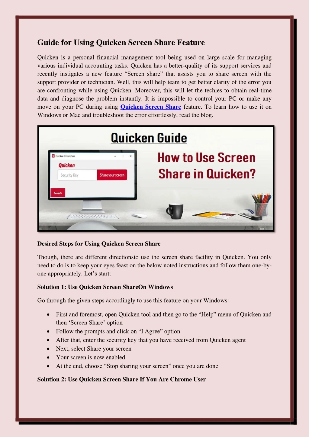 guide for using quicken screen share feature