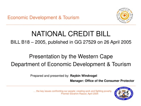 Economic Development &amp; Tourism NATIONAL CREDIT BILL