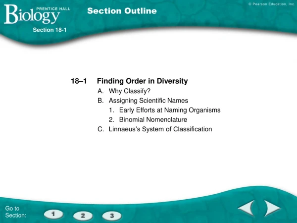 18–1	Finding Order in Diversity A.	Why Classify? B.	Assigning Scientific Names