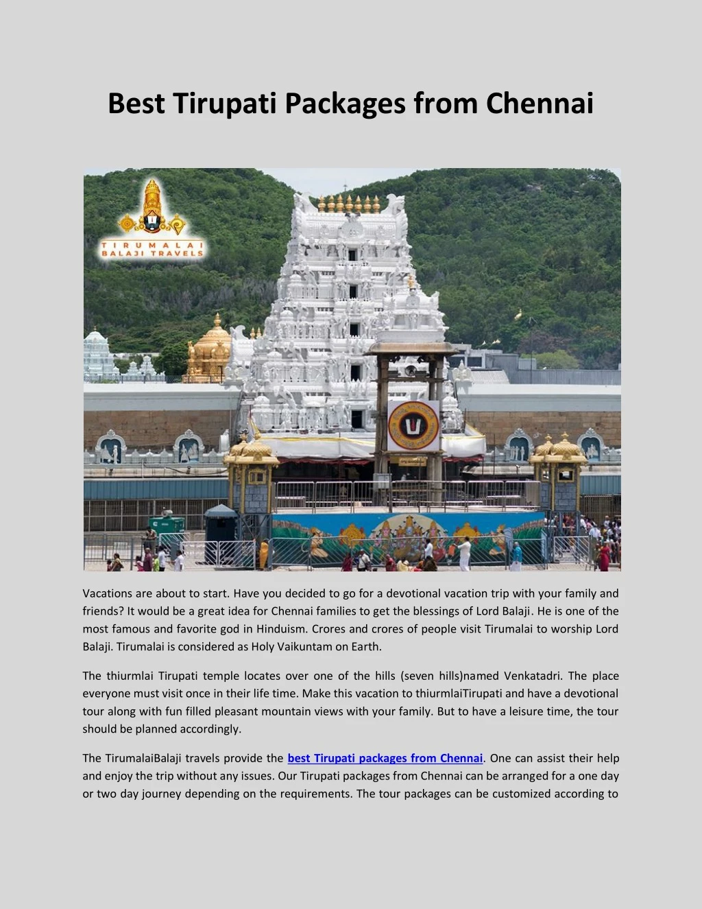 best tirupati packages from chennai