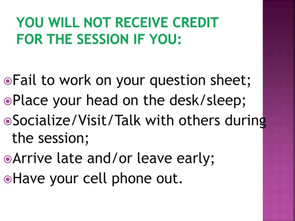 You will NOT receive credit for the session if you: