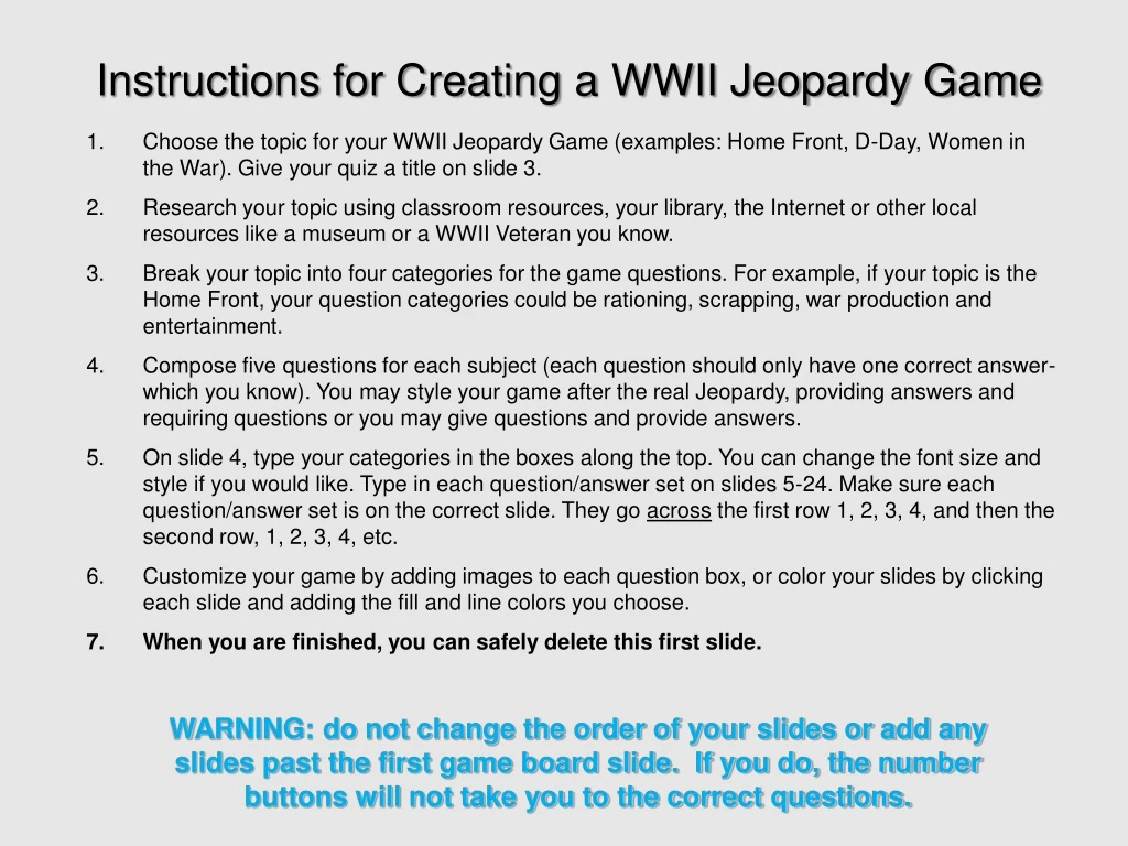 instructions for creating a wwii jeopardy game