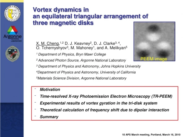 Vortex dynamics in  an equilateral triangular arrangement of  three magnetic disks