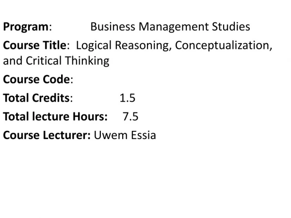 Program :	      	Business Management Studies