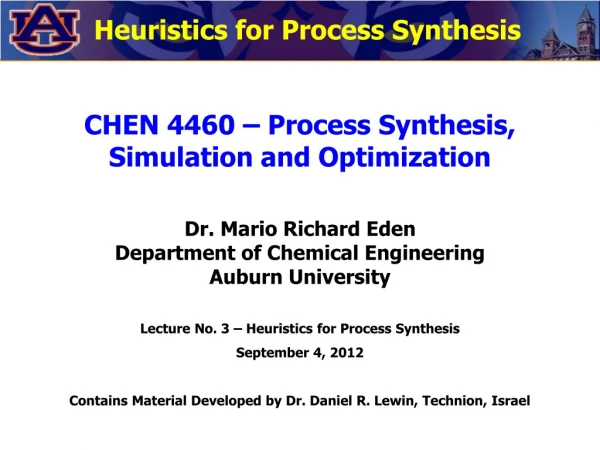 CHEN 4460 – Process Synthesis, Simulation and Optimization