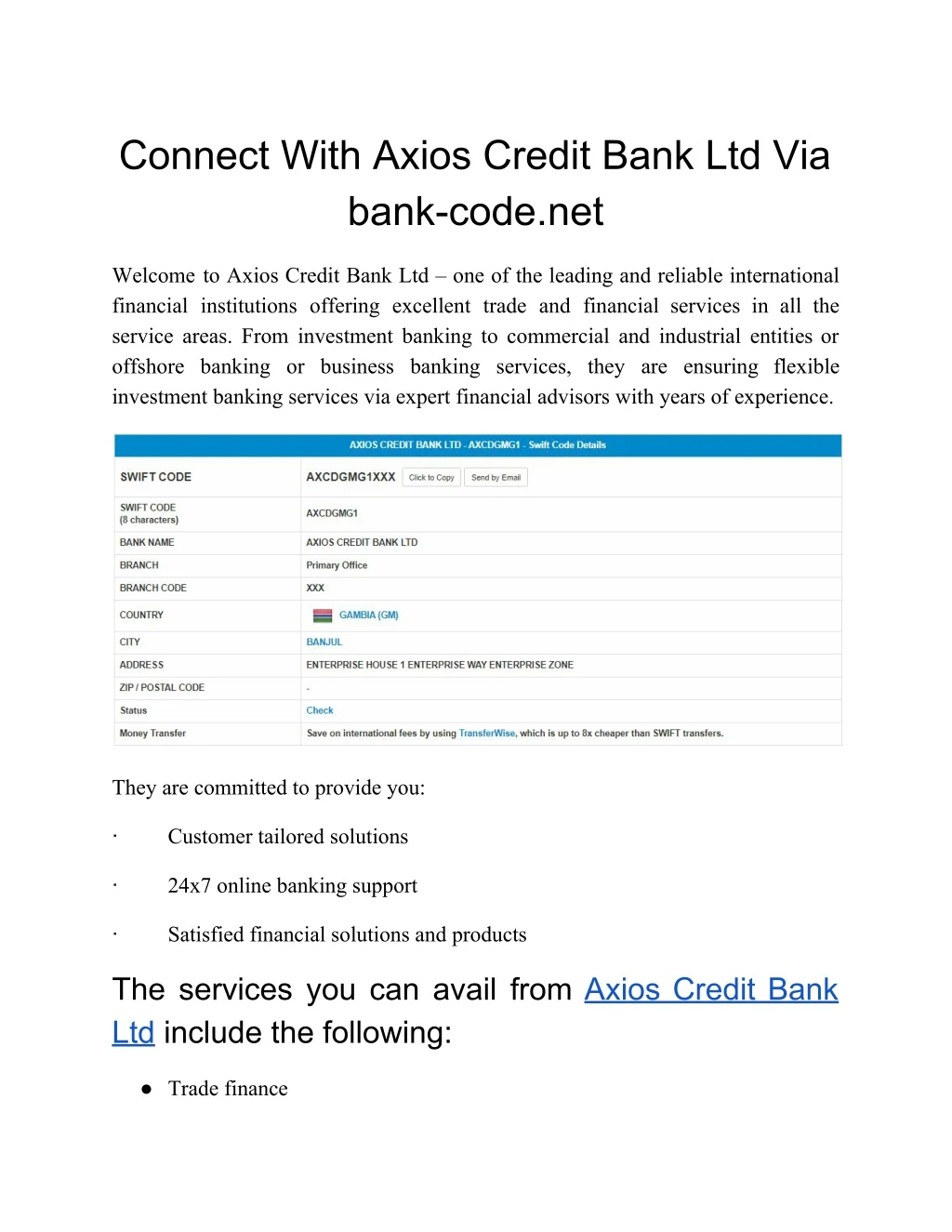 connect with axios credit bank ltd via bank code