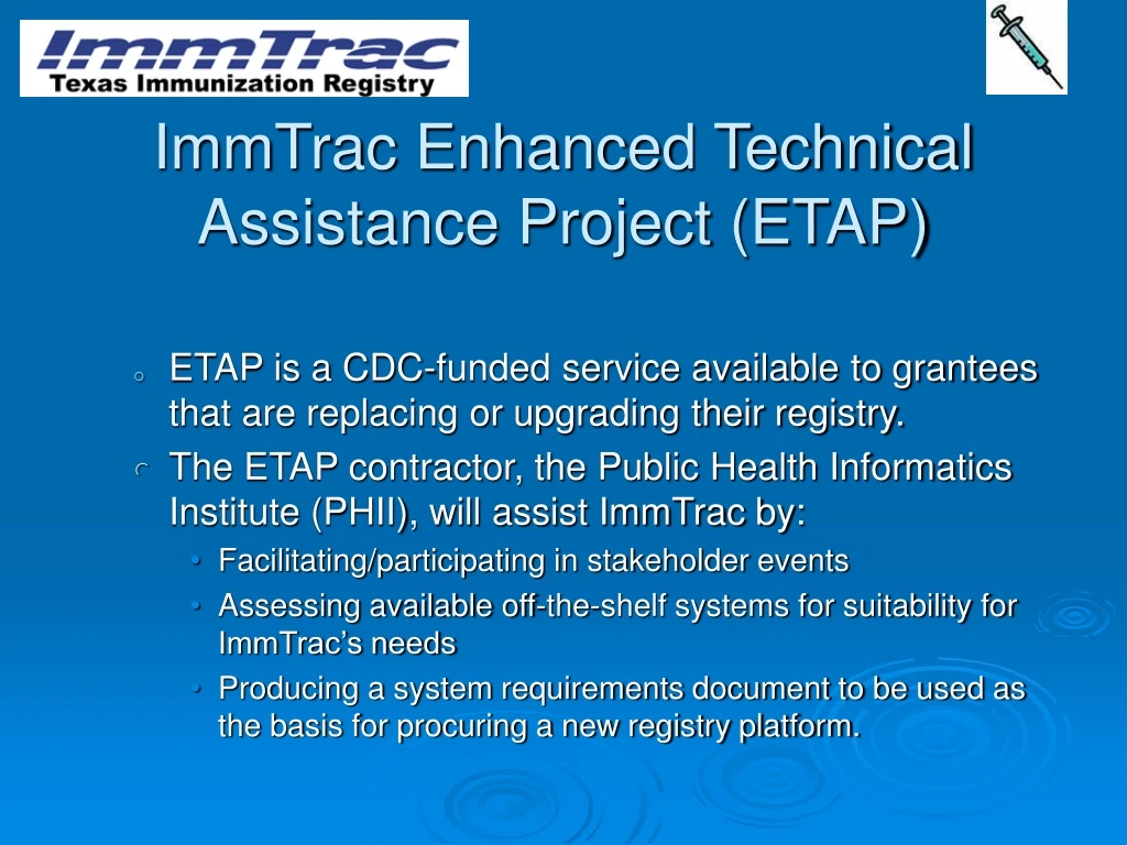 immtrac enhanced technical assistance project etap