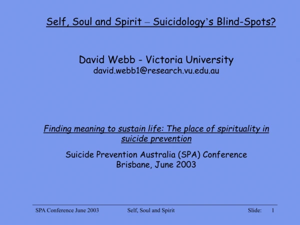 Self, Soul and Spirit  –  Suicidology ’ s Blind-Spots?