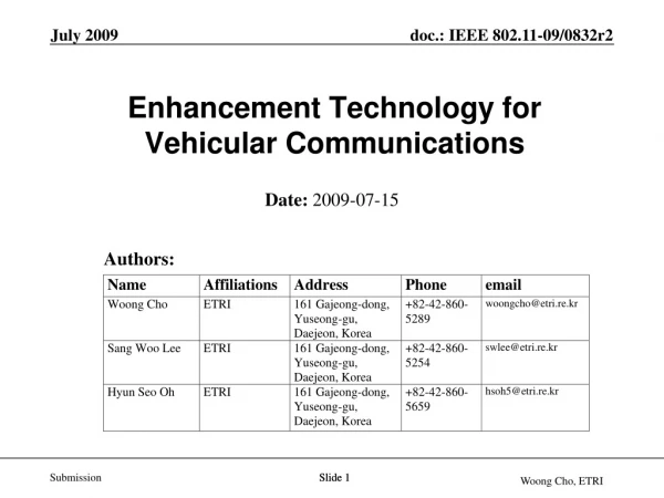 Enhancement Technology for  Vehicular Communications