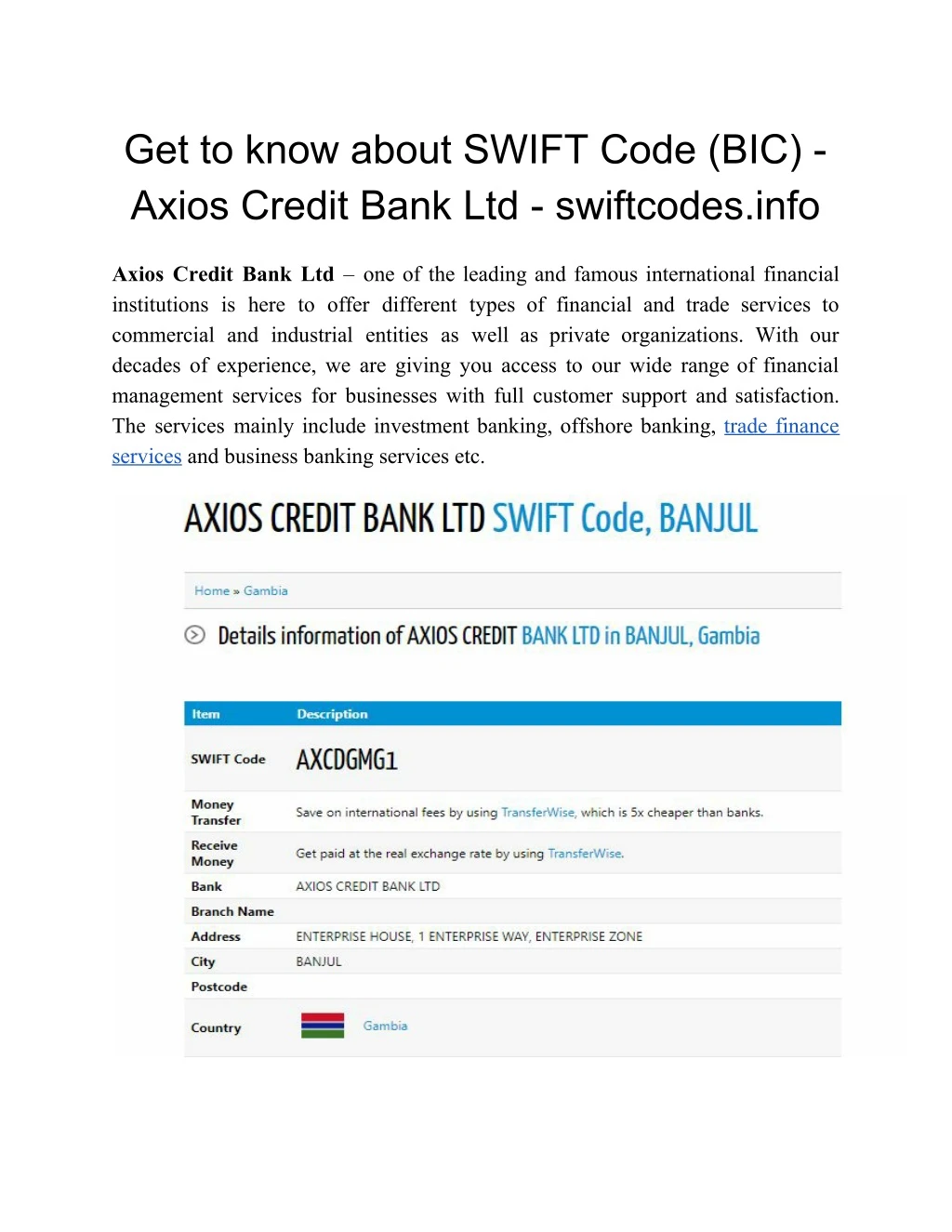 get to know about swift code bic axios credit