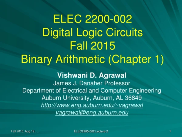 ELEC 2200-002 Digital Logic Circuits Fall 2015 Binary Arithmetic (Chapter 1)